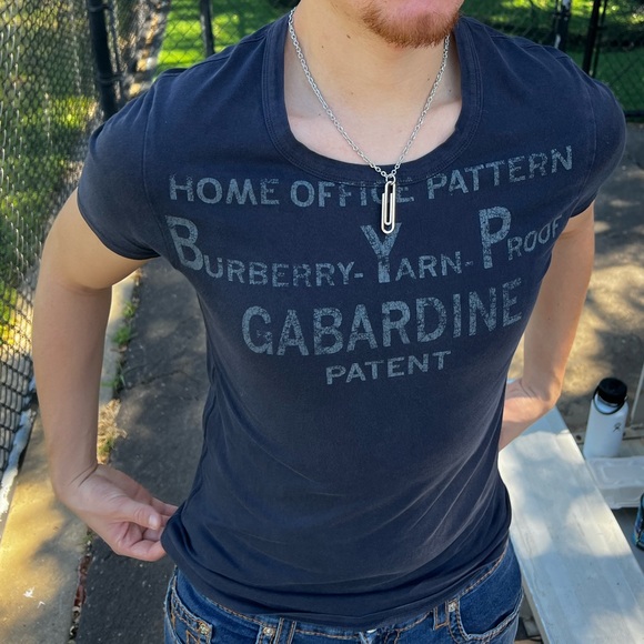 BURBERRY YARN PROOF HOME OFFICE PATTERN GABARDINE PATENT MEN NAVY BLUE T SHIRT S - Picture 3 of 16